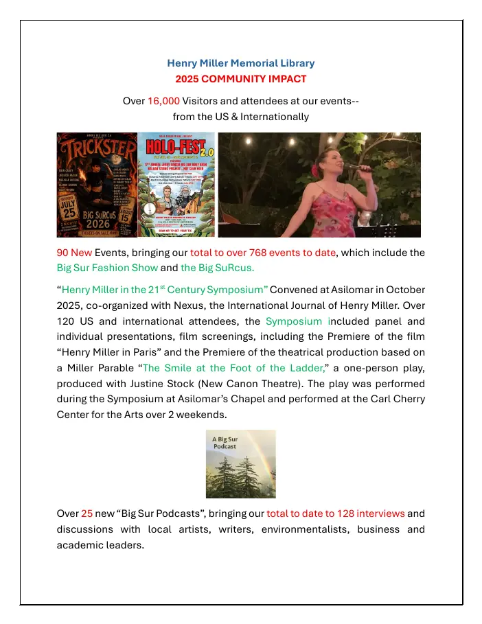 Henry Miller Memorial Library report cover